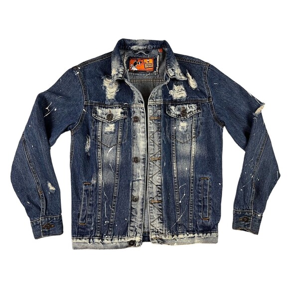 Rolling Paper Denim Jean Jacket  Unisex Size S  Distressed Paint Splatter - Picture 1 of 10